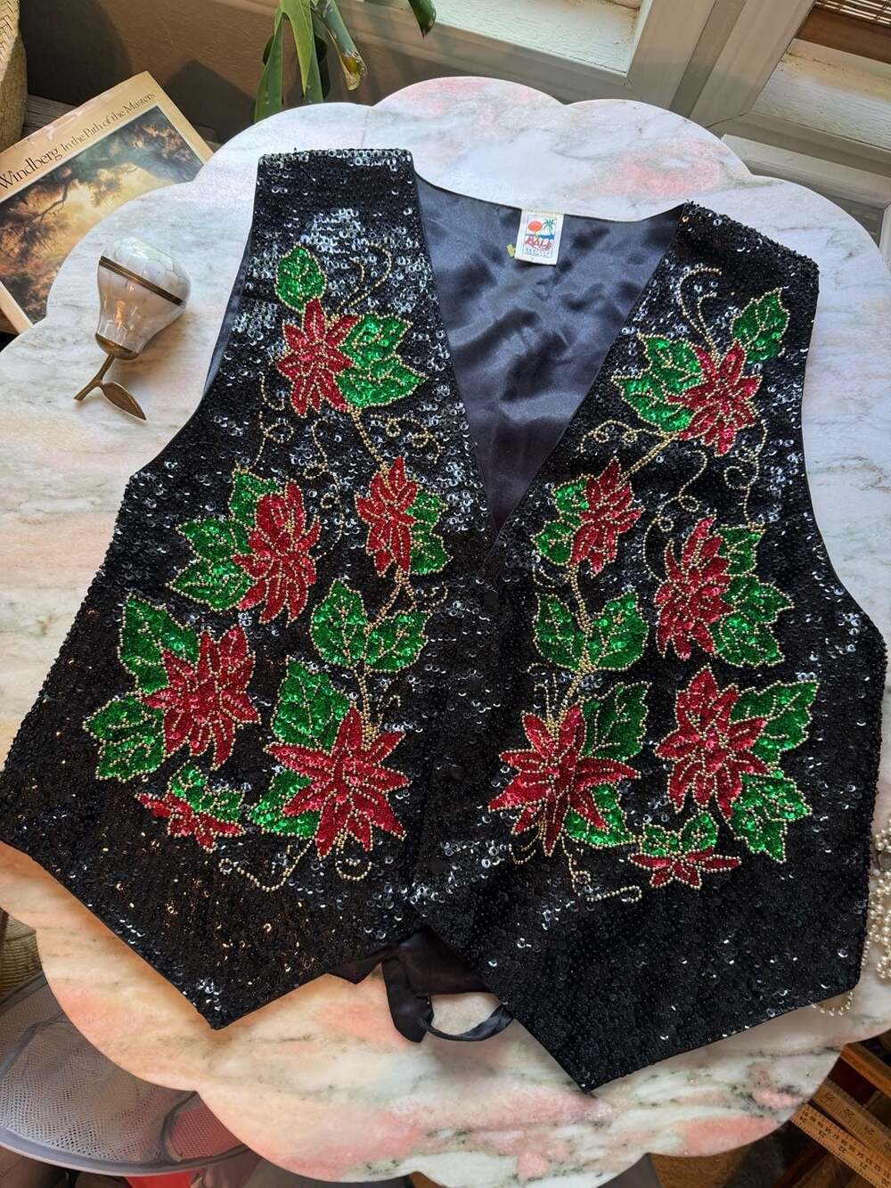 Bali Designs Vintage Poinsettia Sequin Christmas Vest